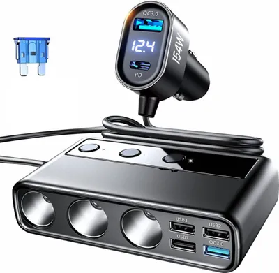 Image de Adaptateur multiport pour allume-cigare avec 3 prises et 6 ports, chargeur rapide PD/QC pour téléphone portable, noir