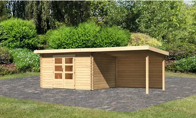 Produktbild von Gartenhaus Karibu Noorvik 7 inkl. Anbaudach 3 m, Rückwand 674 x 333 cm natur