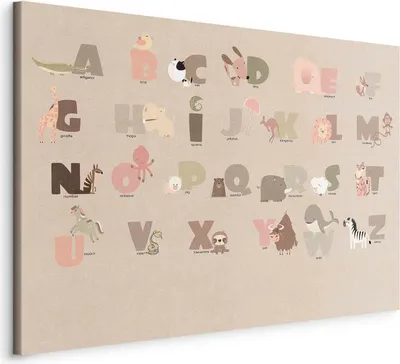 Produktbild von Italienischer Leinwand Leinwandbild - Alphabet at the Zoo - Joyful Animals and Their Names on a Beige Background 30x20 cm Für Kinder e-C-10066-b-a