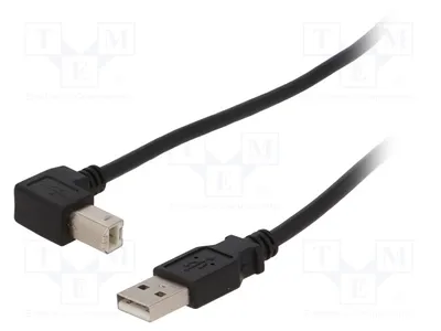 Image de 1 câble USB 2.0 de 0,5 mètre, connecteur USB A, connecteur USB B à angle droit, couleur noire, référence 93016. Câble USB et