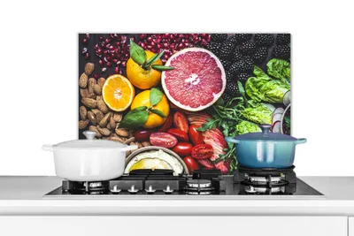 Obrázek produktu pro KitchenYeah® Odstřikovač do kuchyně - Odstřikovač do kuchyně - Ochrana stěny sporáku a dřezu - Zelenina - Ovoce - Barvy 70x50 - Alu-Dibond (alternativa ke skleněnému odstřikovači) - Tepelně odolný - Odstřikovač na sporák