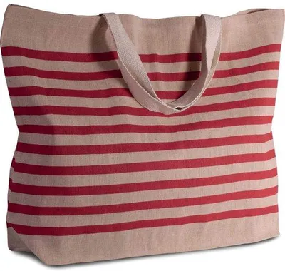 Obrázek produktu pro Unyqoos® Velká, multifunkční taška z jutového a bavlněného směsi, rozměry XXL (72×48×15 cm), objem cca 52 litrů, rukojeť 55 cm – ideální na pláž i do běžného života, proužkovaná (přírodní barva s námořnickou modří nebo přírodní barva s červenou)