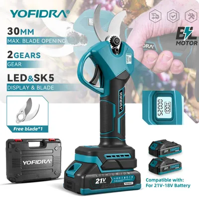 Produktbild von YOFIDRA Akku-Gartenschere bürstenlos 30mm Öffnung, 2 Gänge, SK5-Klinge – kompatibel mit Makita 18V