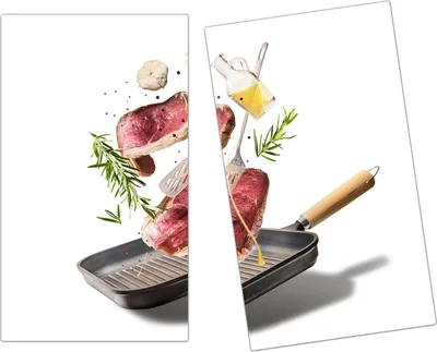 Produktbild von Spritzschutz Herdabdeckplatte Schneidebrett aus Glas Grillpfanne mit Fleisch 2-Teilig (60x52cm)