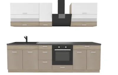 Obrázek produktu pro Kuchynská linka 270 cm – Sonoma béžová/bílá – s tmave hnedou pracovní deskou – kovové zásuvky – systém Soft-Close – MDF – cela se sklenenými výplnemi – PREMIO