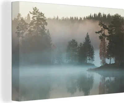 Obrázok produktu pre OneMillionCanvasses® - Obrazy na plátne - 140x90 cm, Hmla nad jazerom neďaleko Drammenu v Nórsku, Nástenná umelecká tlač Nástenná dekorácia - Fotografia na plátne - Maľba na plátne