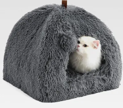 Produktbild von Katzenbett große Katzen Katzenhöhle- 40x40x40 cm Plüsch Katzenhaus Indoor mit abnehmbarem Katzenkissen und hängendem Spielzeug, Katzen Bettchen waschbar, dunkelgrau