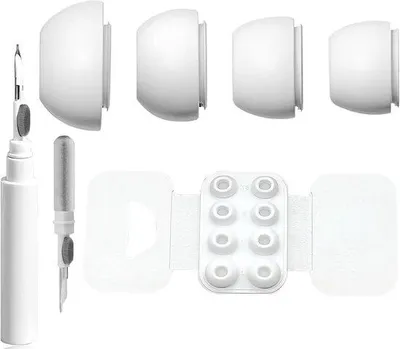 Productafbeelding van 4 paar witte siliconen oordopjes voor Airpods Pro en Pro 2 - maten XS S M L + 3-in-1 reinigingspen