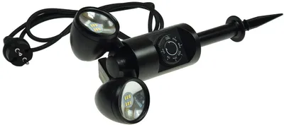 A black LED garden light with two adjustable spotlights and a ground spike.