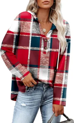 Produktbild von ASKSA Damen Kapuzenpullover V-Ausschnitt Kariertes Knopfleiste Leichter Lockere Langarm Hoodie Sweatshirt (Rot,M)