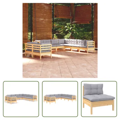 Produktbild von The Living Store 9-tlg. Garten-Lounge-Set mit Grauen Kissen Massivholz Kiefer