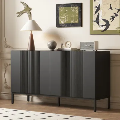 Produktbild von MODFU Kommode Sideboard mit 4 Tür, Schrank Buffet Griffloses Design für Küche, Wohnzimmer, Schlafzimmer, Schwarz
