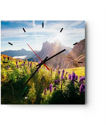 Produktbild von Wanduhr - Quadrat - Glasuhr - Berge Wiese Blumen - 40x40cm - Schleichendes Uhrwerk - Lautlos - zum Aufhängen bereit - Dekoration Modern - Wanddekoration aus Glas - C3AC40x40-4008