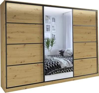 Obrázek produktu pro Šatní skříň HARAZIA 280 se zrcadlem, 4 šuplíky a 2 šatními tyčemi, dub artisan