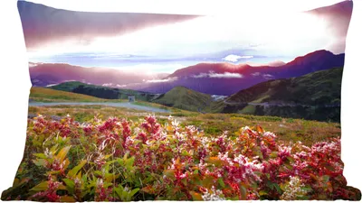 Produktbild von MuchoWow® Zierkissen Sofakissen Wohnzimmer Dekokissen 50x30 cm Blumen - Berge - Landschaft - Nacht - Himmel - Rosa - Wohnzimmerdekoration - Polster mit Photo