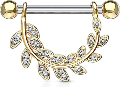 Produktbild von Brustwarzen Piercing Nippelpiercing Brustpiercing Blatt Blätter Zweig Zirkonia Kristalle Autiga® gold