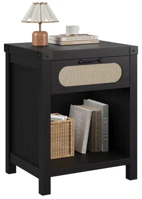 Productafbeelding van Flurschrank - Nachtkastje - Boho-landelijke stijl - Hout en riet - Lade en open vakken - Modern Marokkaans design - Zwart