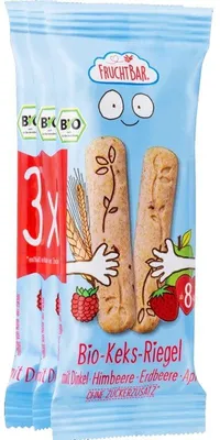 Productafbeelding van Dinkel- en tarwebiscuitjes met frambozen, aardbeien en appel. n tot 8 maanden. 3 keer biologisch. 30 gram. FRUCHTBAR