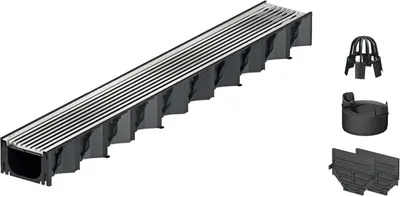 Produktbild von 1m ACO Hexaline 2.0 Entwässerungsrinne mit Edelstahl Längsstab Stegrost Ablauf vertikal Bodenrinne Terrassenrinne