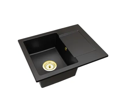 Produktbild von Granitspüle Einbecken mit Abtropffläche Donzo – Schwarz mit goldenem Einbeckensiphon