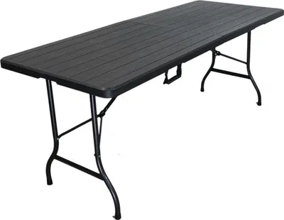 Produktbild von Buffettisch klappbar | HxBxT 74x180x74cm | mit Tragegriff | für 8 Personen | Kunststoff wetterfest | Holz Optik, Schwarz | Klapptisch Tragbar Campingtisch für Garten Terrasse und Balkon Balkontisch Partytisch