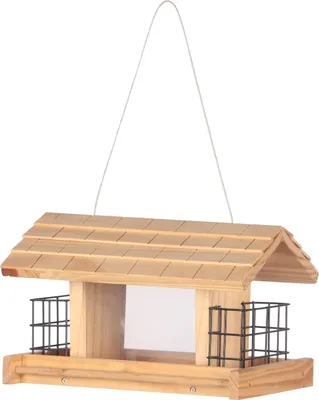 Produktbild von Dehner Natura Premium Wildvogel Futterhaus Aosta, Futterstation für Wildvögel, Vogelhaus robust / hängend, inkl. Aufhängevorrichtung, ca. 17.5 x 19 x 28 cm, aus FSC®-em Kiefernholz, braun