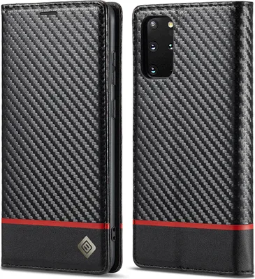 Image de Etui pour Samsung Galaxy S20 Plus Etui en cuir carbone avec porte-cartes, aimant et support Noir Horizontal Rouge