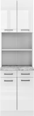A white buffet cabinet with a marble countertop and drawers.