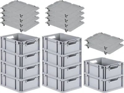 Produktbild von SuperSparSet 10x Eurobox NextGen Grip mit Auflagedeckel inkl. 4 schwarzen Schiebeschnappverschlüssen | HxBxT 17x30x40cm | 16 Liter | Grau | Griffe offen | Glatter Boden | Eurobehälter, Transportbox, Transportbehälter, Stapelbehälter