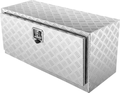 A silver aluminum diamond plate truck box with a latch is shown against a white background.