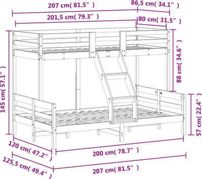 Produktbild von vidaXL Etagenbett 80x200/120x200 cm Massivholz Kiefer