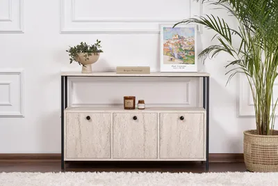 Obrázok produktu pre Skye Decor, moderná konzolová stolík z travertínu a čiernej farby, 120 x 77 x 30 cm | 100 % melamínom potiahnutá drevotriesková doska, práškovo lakovaná, s PVC hranami | Elegantný industriálny dizajn.