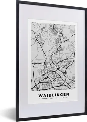 Produktbild von MuchoWow® Gerahmtes Poster Stadtplan - Waiblingen - Karte - Deutschland 40x60 cm - Poster mit Schwarzem Bilderrahmen Wandposter Rahmen Foto Bilder - Poster in Rahmen