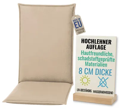 Produktbild von Pillows24 - Hochlehner Auflagen 120x50x8 cm | Bequeme & Wetterfeste Gartenstuhlauflagen | Polster Sitzkissen für Gartenmöbel |  EU | Cappuccino