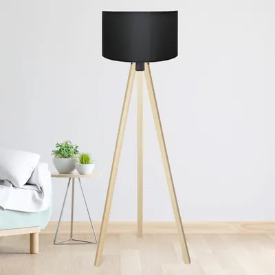 A floor lamp with a black shade and wooden tripod legs is shown in a room with a sofa and a small table with plants.