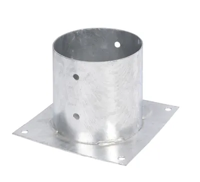 A galvanized metal post anchor with a square base and a cylindrical top, shown against a white background.