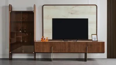 Productafbeelding van Woonkamer set, bestaande uit een vitrinekast, een TV-meubel en een TV-frame, 3-delig, nieuw