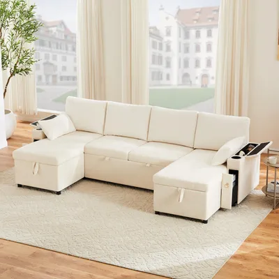 Image de OKWISH Canapé-Lit Convertible Canapé D’angle - avec Coffre de Rangement et Porte-Gobelets - Chenille et Velours Côtelé - Beige