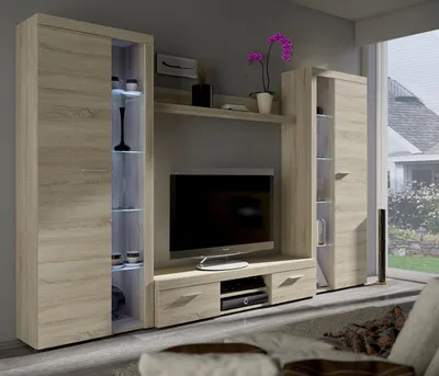 Produktbild von Wohnzimmer – Set Schrankwand Medienwand RUMBA XL eiche sonoma Wohnwand - zwei Vitrinen / TV-Lowboard / Wandregal