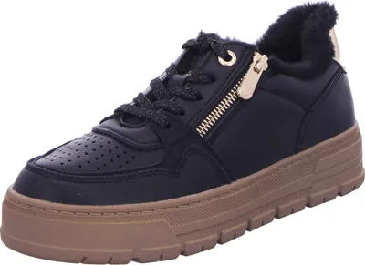 A single black sneaker with a brown sole and gold zipper detail is shown against a white background.