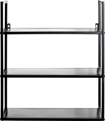 A black metal wall shelf with three shelves against a white background.