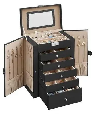 Produktbild von Schmuckkästchen - Schmuckbox mit 6 Ebenen - Seitlich aufklappbare Türen - Holz - Schwarz