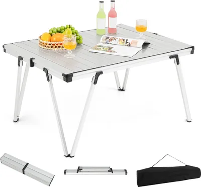 Produktbild von KOMFOTTEU Faltbarer & tragbarer Gartentisch mit Aufbewahrungstasche, Campingtisch mit Aluminiumplatte, Outdoor-Tisch für Picknick, Party, BBQ, Strand, Balkon (Silber)