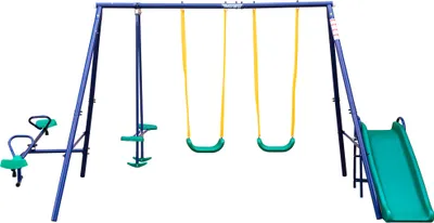 Produktbild von MUWO Spielgerüst mit Schaukeln, Wippen & Rutsche, stabiler Stahlrahmen, bis 230 kg, ergonomische Sitze, für Kinder 3-8 Jahre, Outdoor grün | MW-278