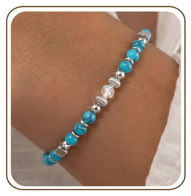Immagine prodotto di Bracciale da donna in pietra naturale, regolabile, 18 cm, con quarzo rosa e turchese, acciaio inossidabile argentato, ideale per il tempo libero