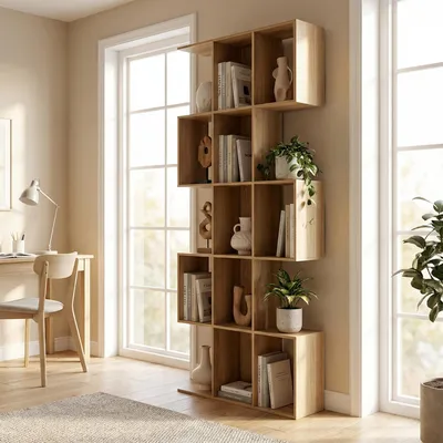 Zdjęcie produktu dla Regał na książki w kształcie litery "S" z 5 półkami, wymiary 80x24x200 cm, wykonany z drewna dębowego
