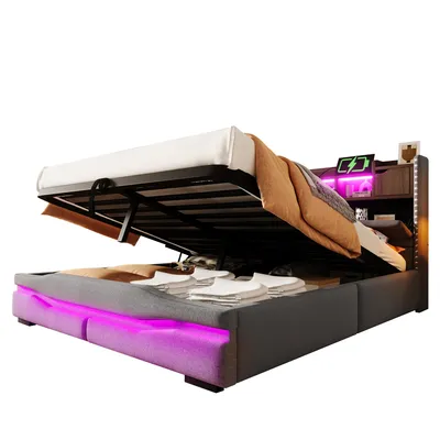 Produktbild von Polsterbett mit LED-Beleuchtung und Stauraum,160x200 cm, gepolsterter Kopfteil, Doppelbett, Stauraumbett, Leinen