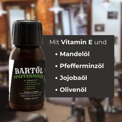 Produktbild von Bartöl Pfefferminze 60 ml – Bartpflegeöl mit Jojoba-, Mandel- & Olivenöl – Feuchtigkeit & Glanz – Bartpflege Bart Öl