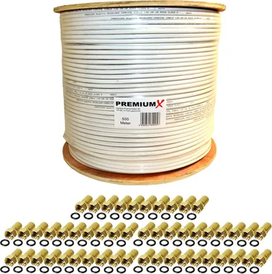 Produktbild von PremiumX 500m BASIC Koaxialkabel 135dB 4-fach SAT Antennenkabel Koax-Kabel RG-6 Class A SAT-Kabel 100x F-Stecker