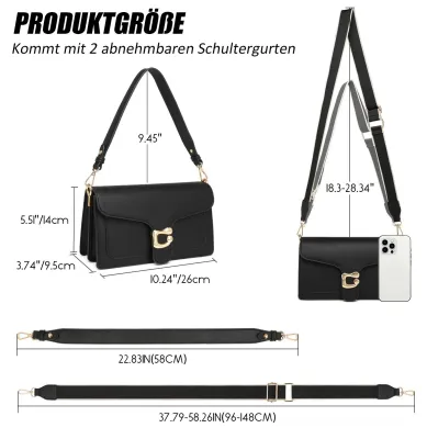 Productafbeelding van Handtas, Polyurethanleer, bruin, 26 x 14 x 9.5 cm, 2 afneembare riemen, creditcardvakjes, voor uitgaan
